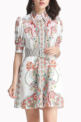 Short Sleeves Embellished Printed Motif Mini Dress