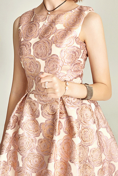 Sleeveless Rose Floral Jacquard Pink Flare Dress