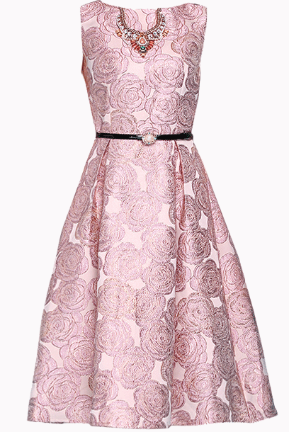Sleeveless Rose Floral Jacquard Pink Flare Dress