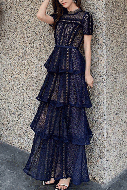 Short Sleeves Guipure Lace Tiered Maxi Dress