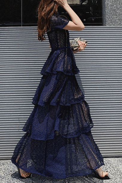 Short Sleeves Guipure Lace Tiered Maxi Dress