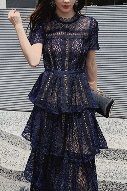 Short Sleeves Guipure Lace Tiered Maxi Dress