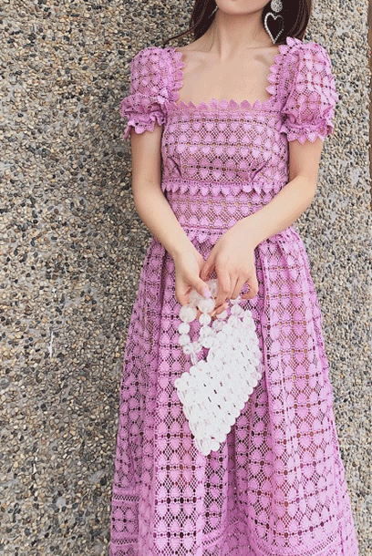 Puffed Sleeves Lilac Heart Guipure Midi Dress