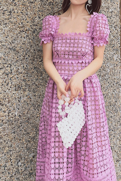 Puffed Sleeves Lilac Heart Guipure Midi Dress