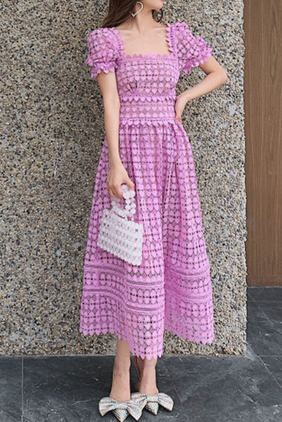 Puffed Sleeves Lilac Heart Guipure Midi Dress