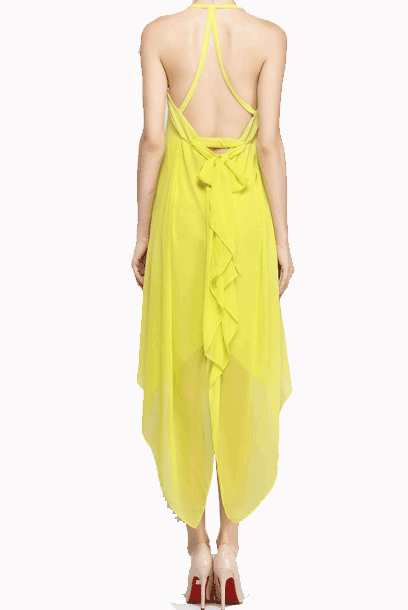 BCBG Asymmetrical Bare Back Yellow Midi Dress