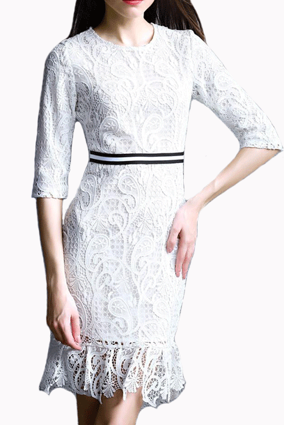 Elbow Sleeves Guipure Lace Mermaid Hem Dress